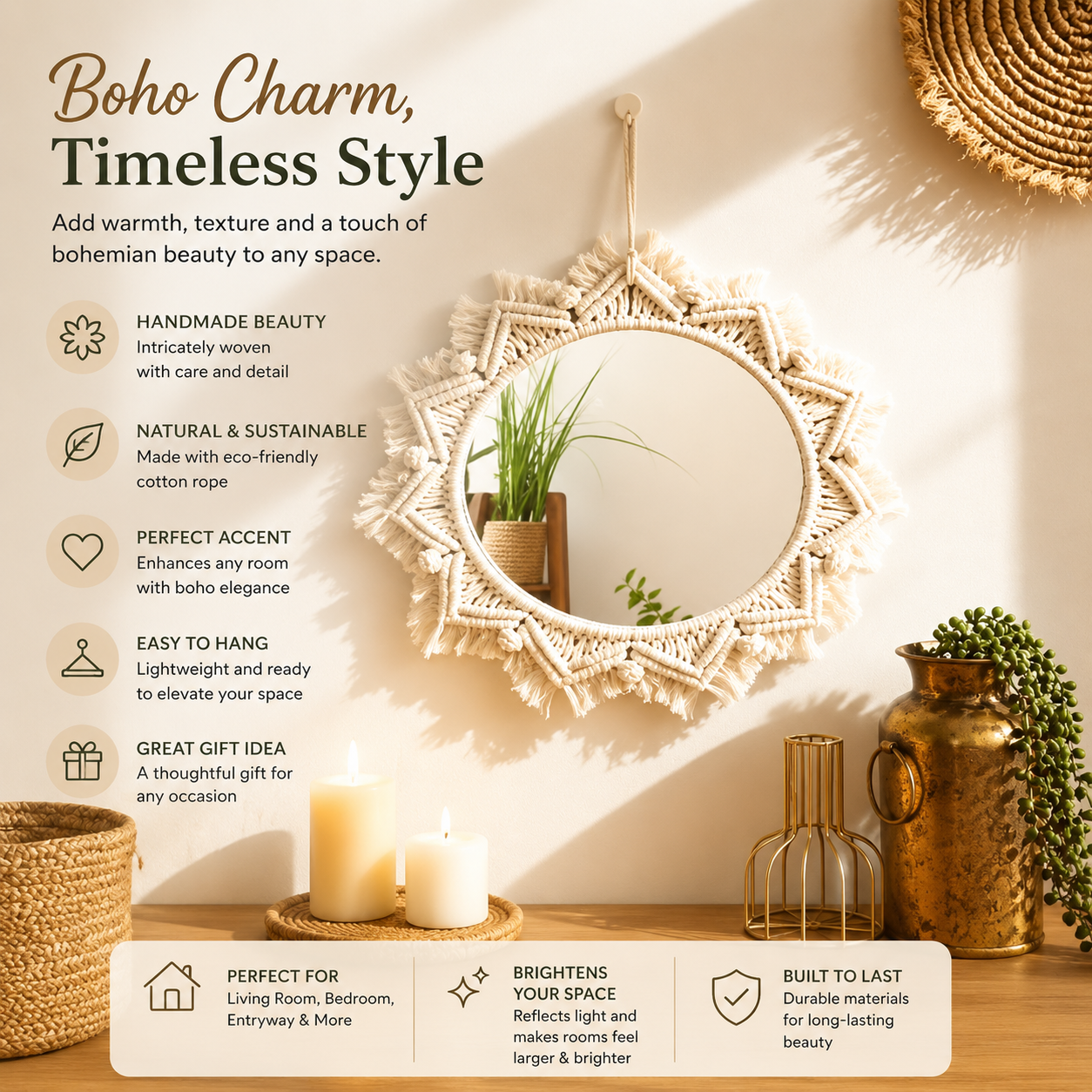 Boho Macrame Round Hanging Wall Mirror Decor (1pc)