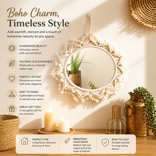 Boho Macrame Round Hanging Wall Mirror Decor (1pc)